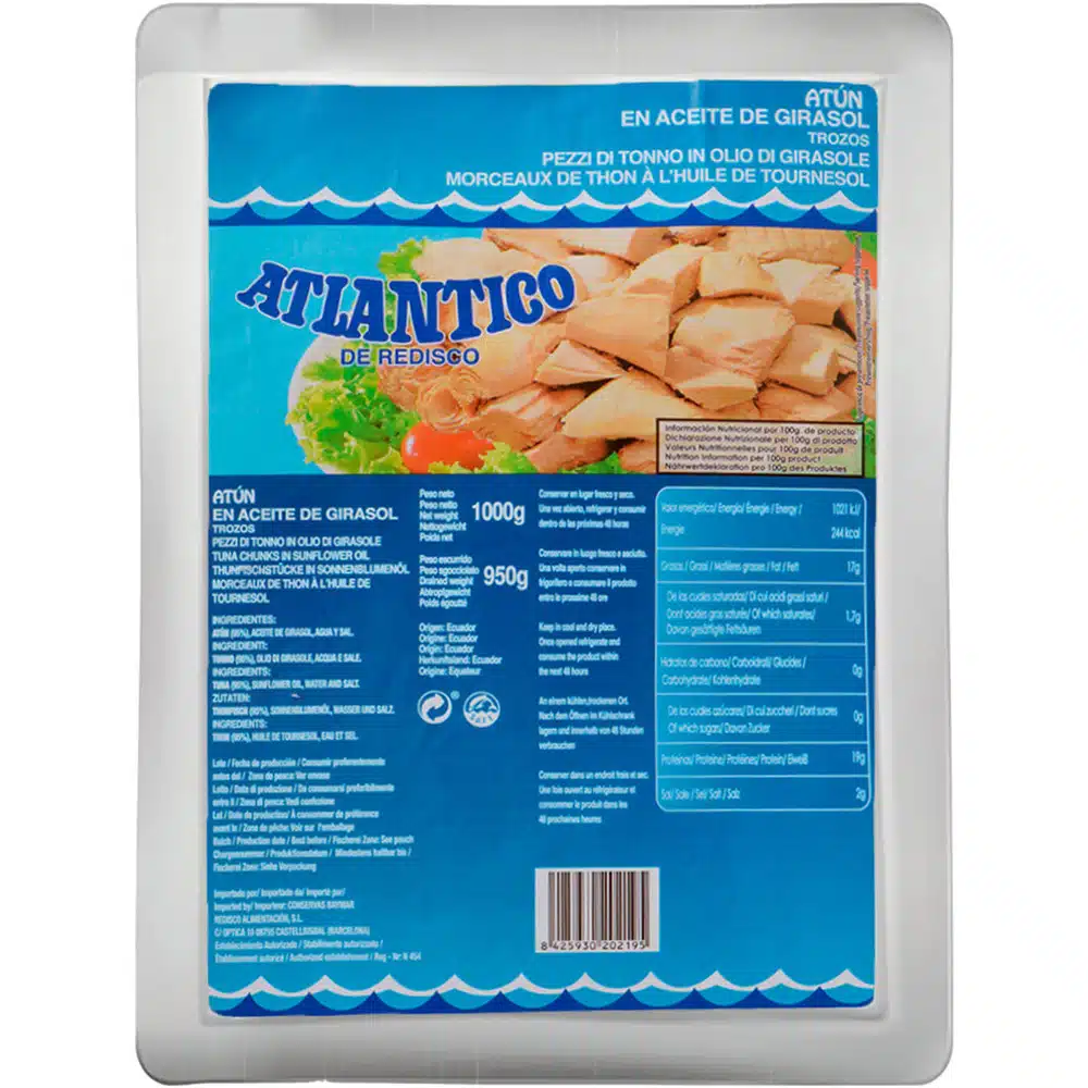 Тунец Atlantico кусочками в подсолнечном масле 1000г Тунец Atlantico кусочками в подсолнечном масле 1000г