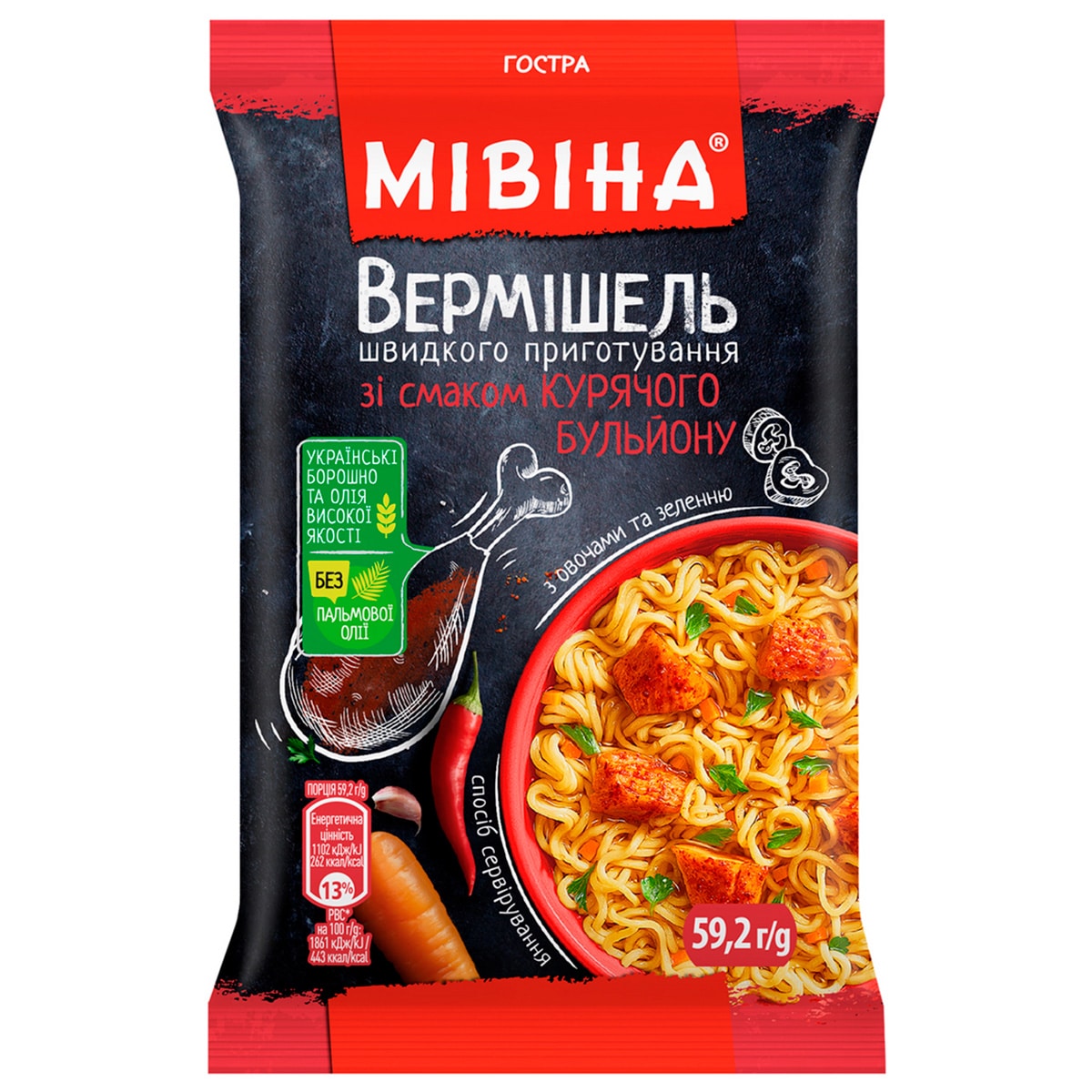Вермішель МІВІНА зі смаком курячого бульйону з овочами та зеленню гостра Вермішель МІВІНА зі смаком курячого бульйону з овочами та зеленню гостра