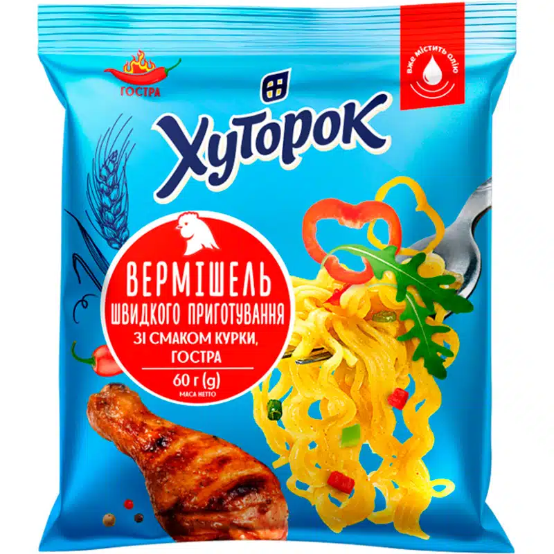 Вермишель быстрого приготовления со вкусом Курица (острая) Хуторок 60г