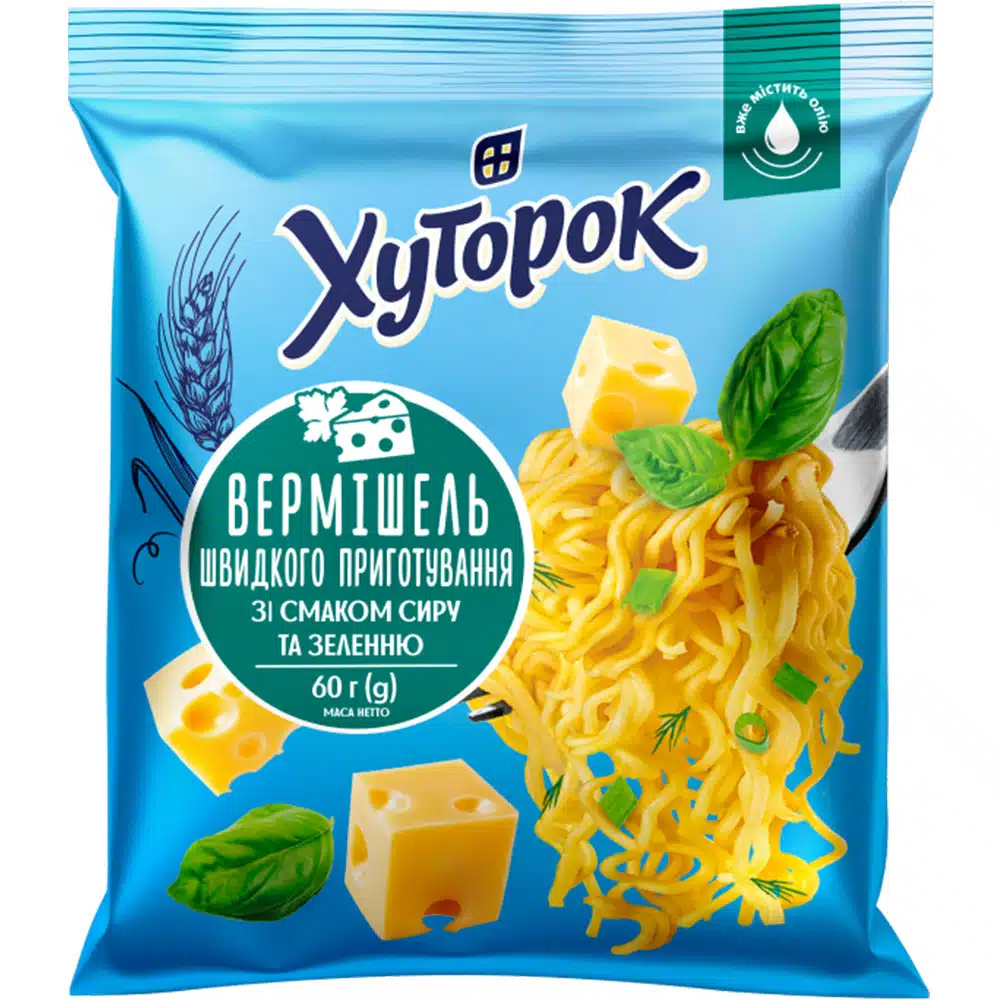 Вермишель быстрого приготовления со вкусом Сыра и зелень Хуторок 60г